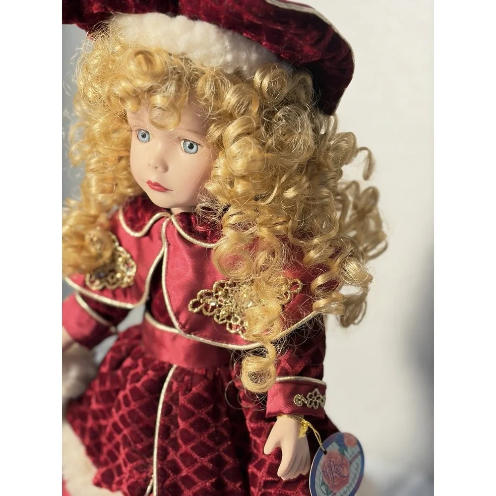 Victorian Rose Collection Porcelain Doll- Blonde Curls - Burgundy Velvet Dress
